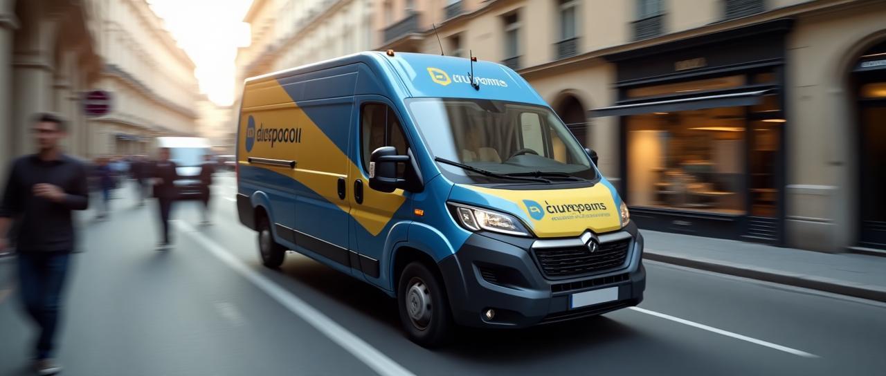 Véhicule express en livraison rapide dans une rue lyonnaise