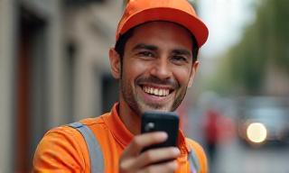 Livreur souriant utilisant une application mobile de suivi